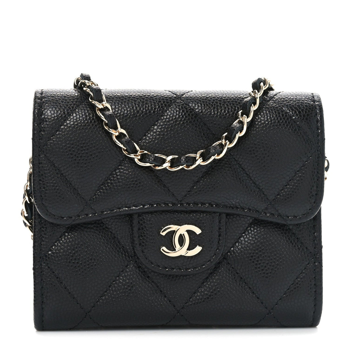 Caviar Quilted Flap Card Holder On Chain Black