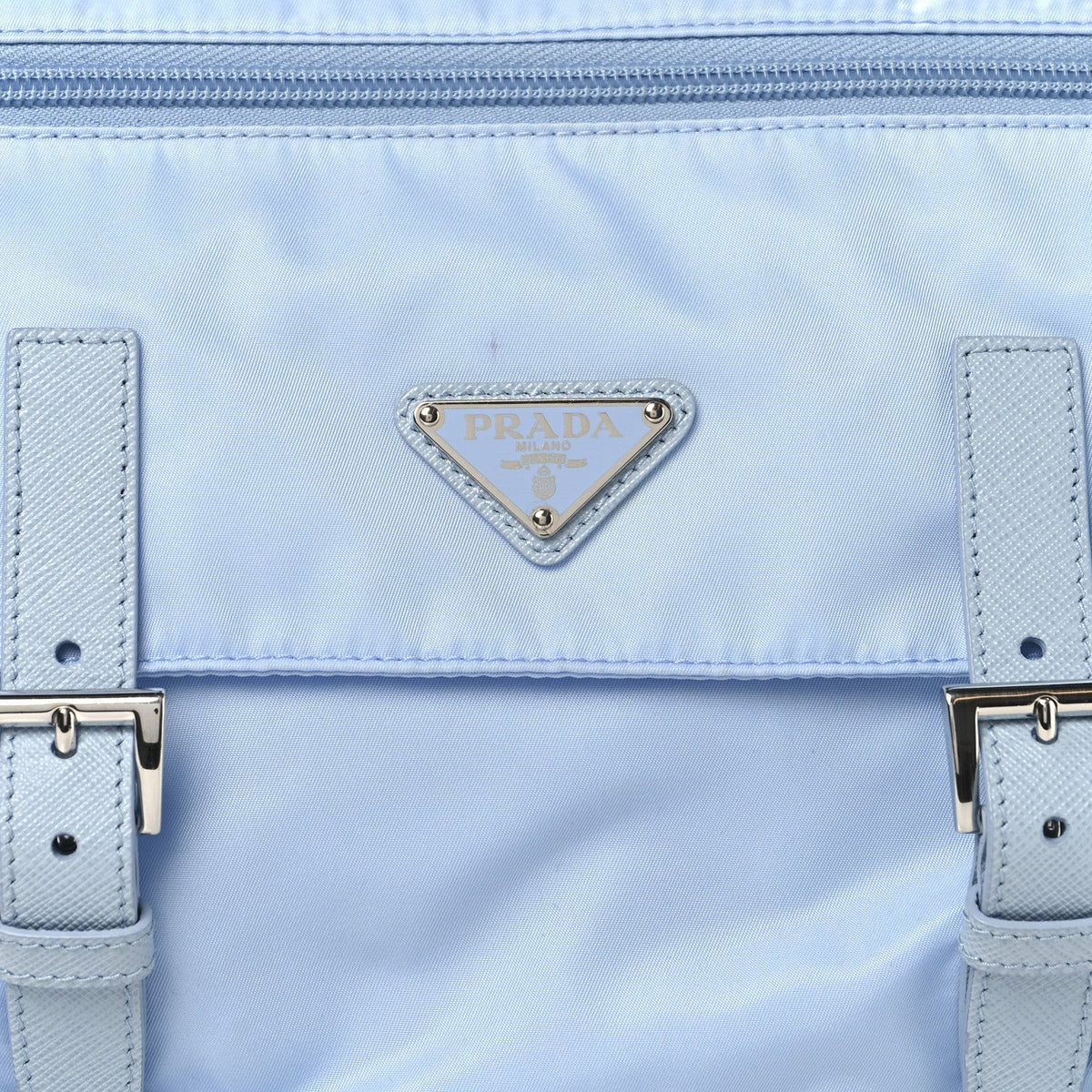 Re-Nylon Vela Saffiano Pocket Double Buckle Messenger Shoulder Bag Celeste