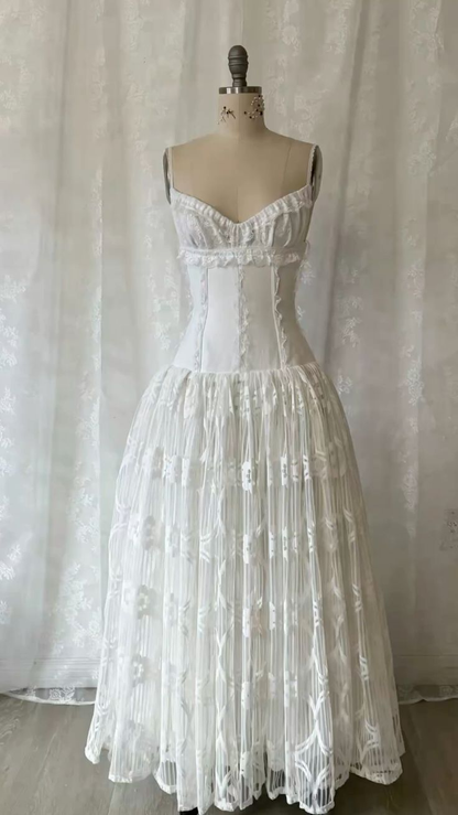 White Spaghetti Straps A-Line Lace Vintage Wedding Dress Long Party Dress , D997