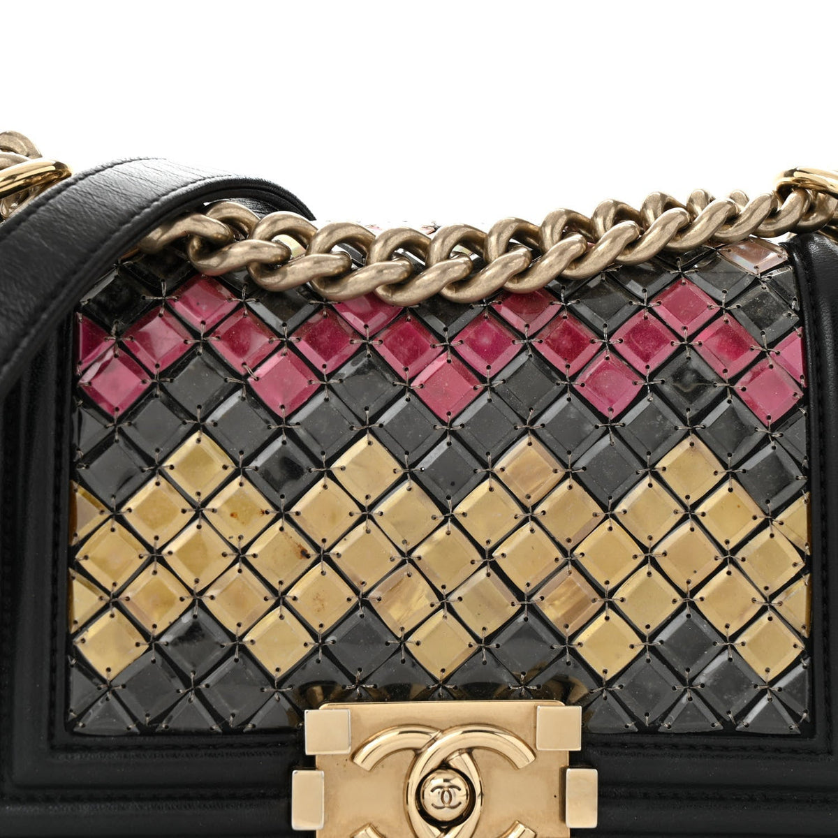 Lambskin Tile Embroidered Small Brasserie Mosaic Boy Flap Black Multicolor