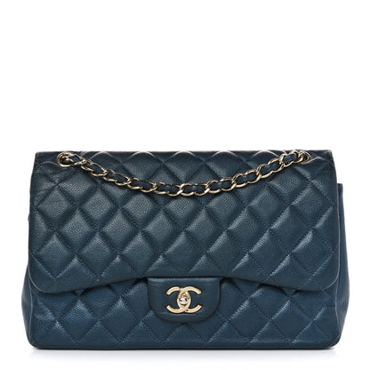 Metallic Caviar Quilted Jumbo Double Flap Dark Blue
