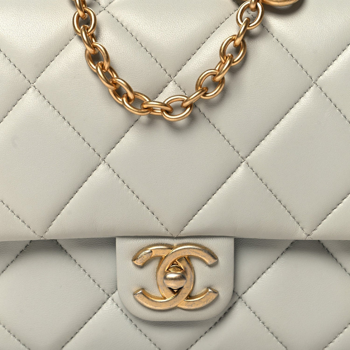 Lambskin Enamel Pearl Quilted Mini Charm Me Square Flap Light Blue