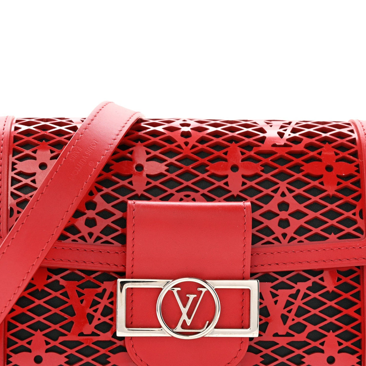 Patent Calfskin Monogram Lace Dauphine Mini Red
