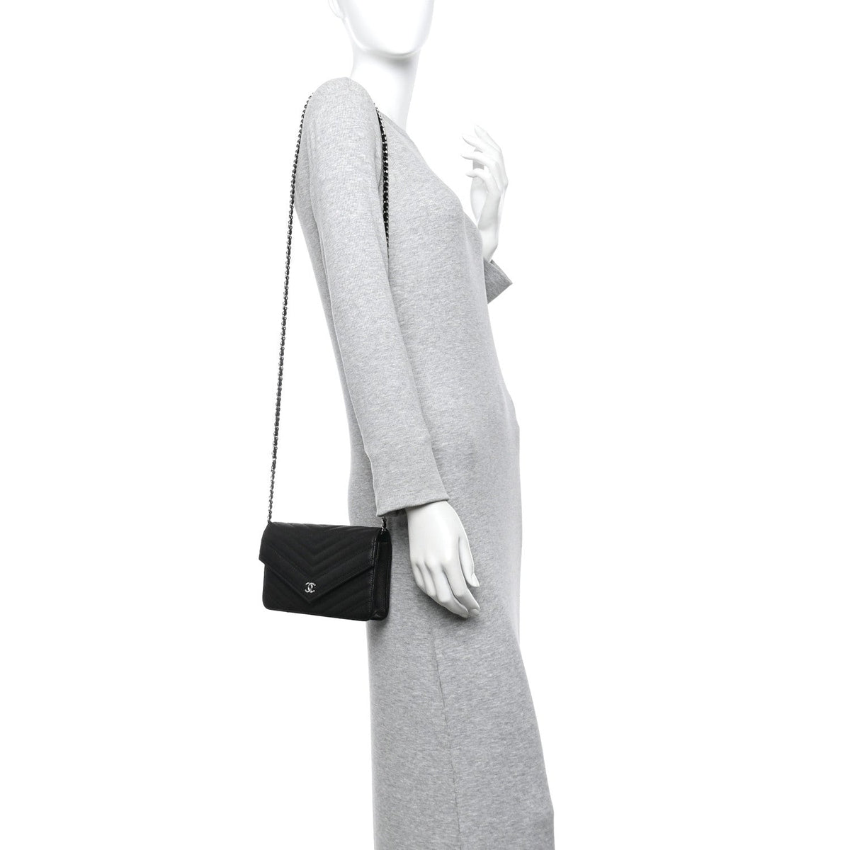 Goatskin Chevron Quilted Statement Wallet On Chain WOC Black