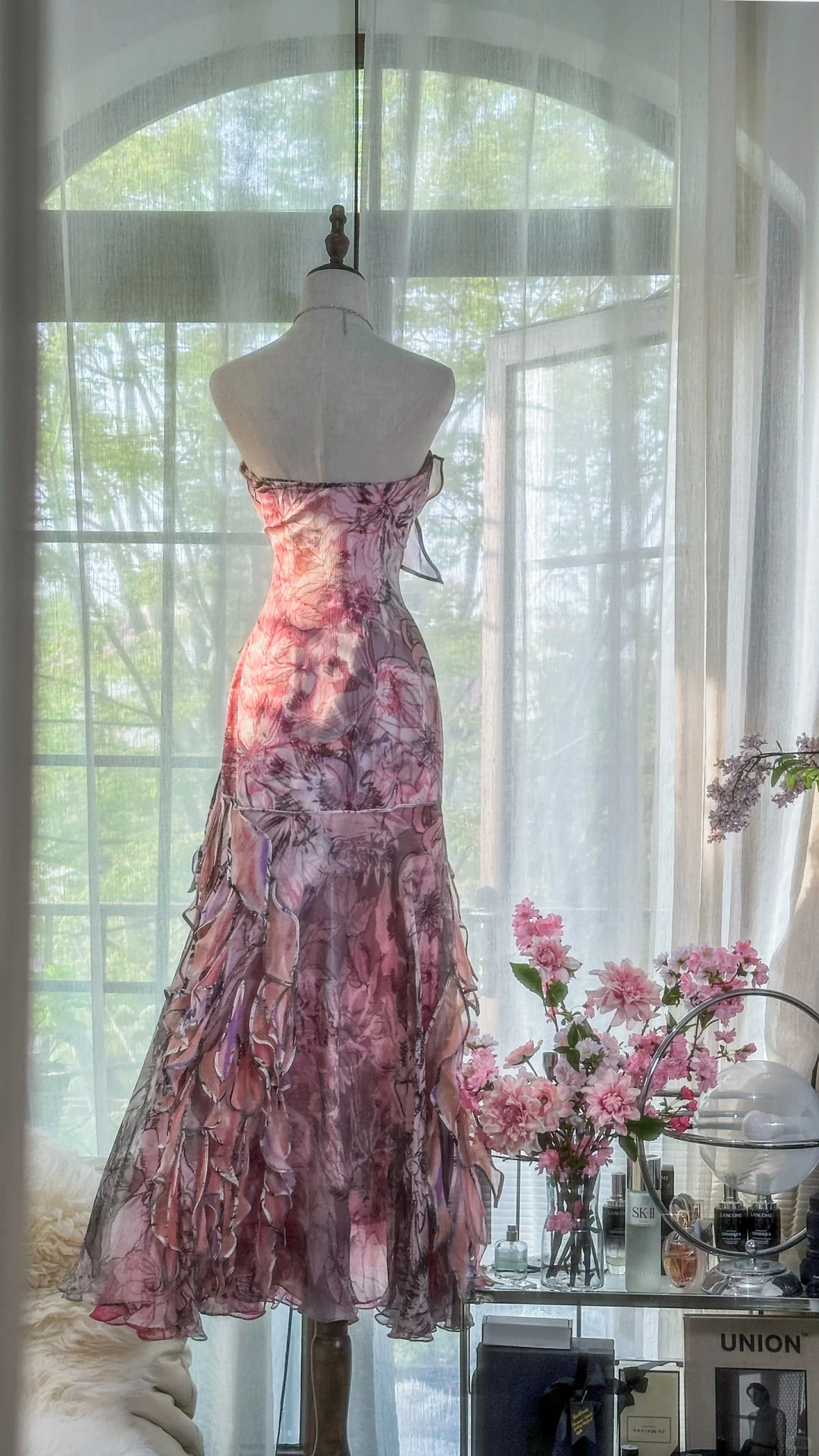 Vintage Floral Sweetheart Strapless Design A-line Romantic Chiffon Evening Dress Prom Dress D1507
