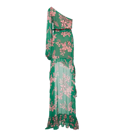 Fashion Green Floral Asymmetric Ruffled Hem Design A-line Party Dress, D1414