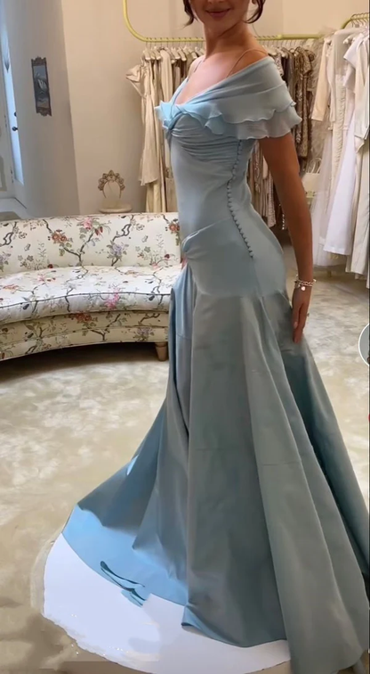 Light Blue V Neck A-Line Vintage Prom Dress Evening Gown MD7640