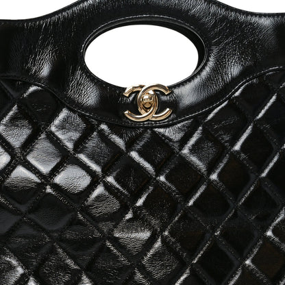 Shiny Crumpled Calfskin Quilted Large 31 Shopping Bag Black