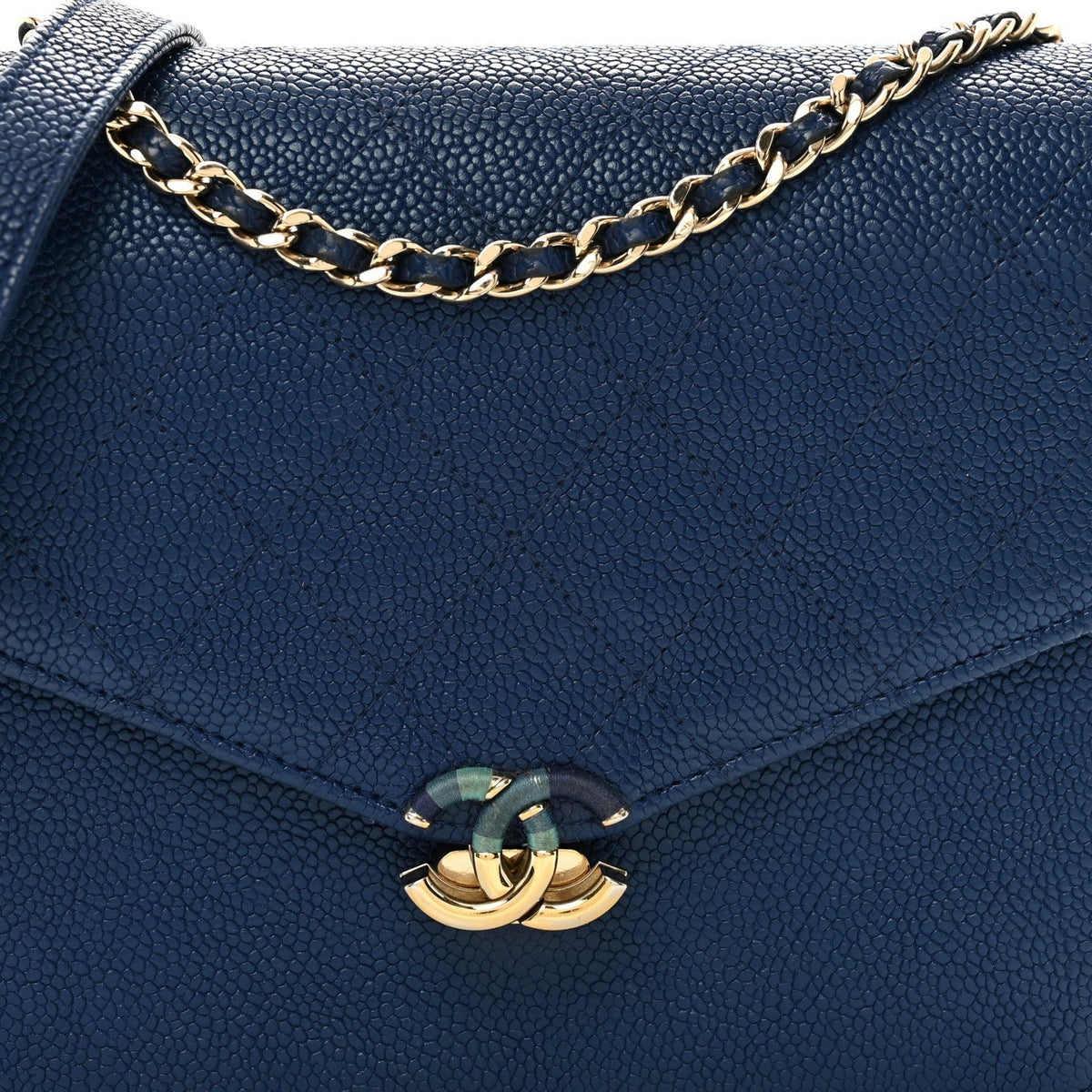 Grained Calfskin Quilted Cuba Square Wallet On Chain WOC Blue