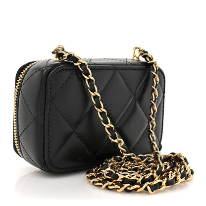 Lambskin Quilted Mini Golden Plate Clutch With Chain Black