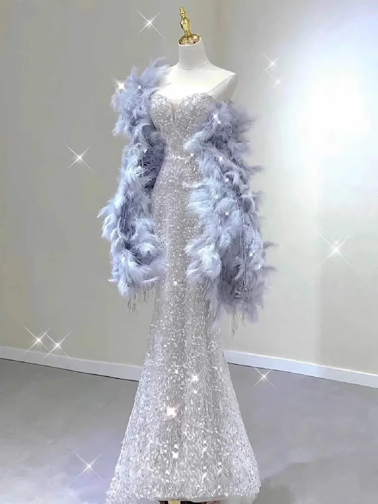 Stunning Silver Sweetheart Sequins Mermaid Long Formal Party Dress MD7400