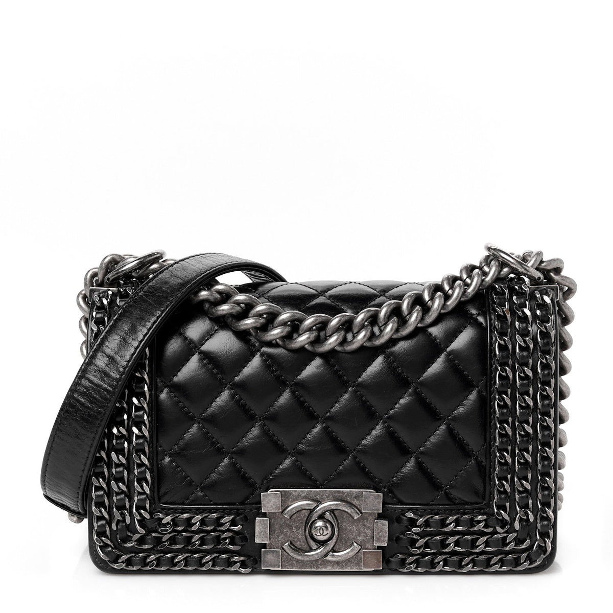 Glazed Calfskin Quilted Small Boy Chained Flap Black