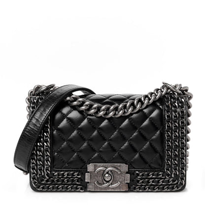 Glazed Calfskin Quilted Small Boy Chained Flap Black