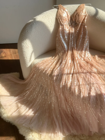 Vintage Champagne Sparkling Sequin Design Romantic Chiffon Evening Dress Prom Dress D1513