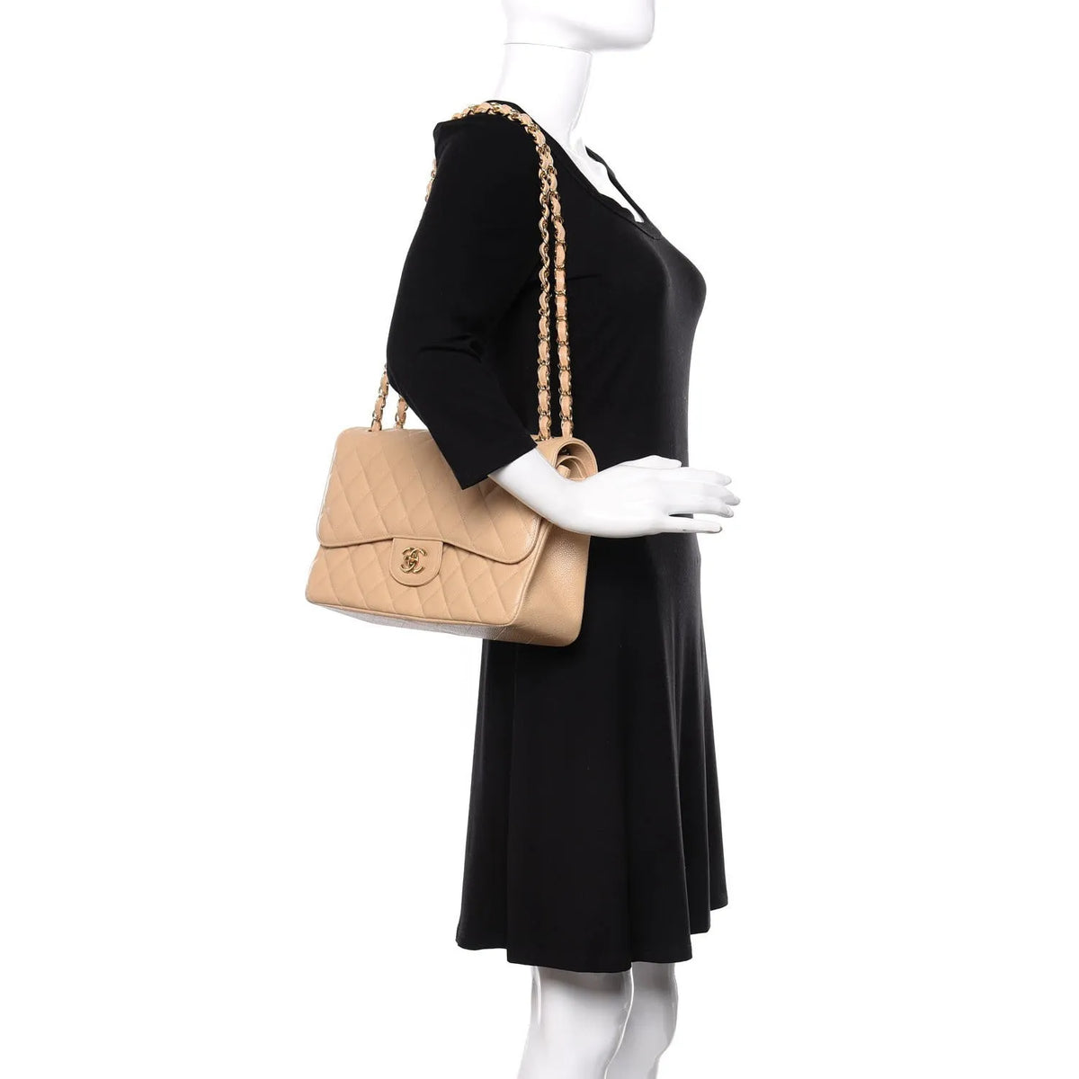 CHANEL Caviar Quilted Jumbo Double Flap Light Beige