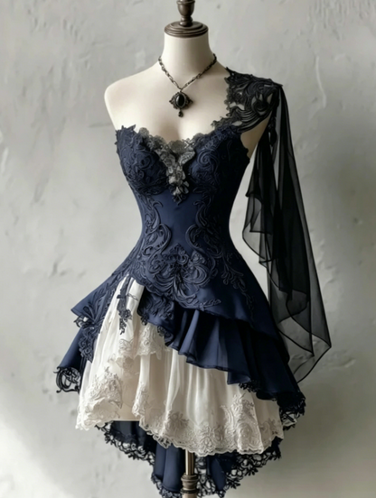 Cute Black Prom Dress One-shoulder A-Line Party Dress Tulle Appliques Short Birthday Dress DP05122