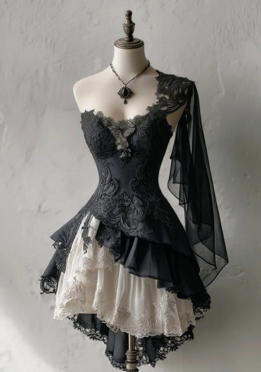 Cute Black Prom Dress One-shoulder A-Line Party Dress Tulle Appliques Short Birthday Dress DP05122