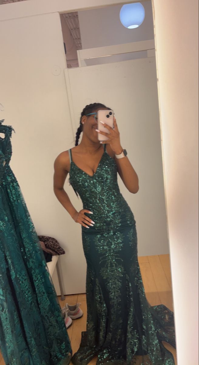 Green V Neck Lace Mermaid Long Formal Prom Dress Evening Dress, D198