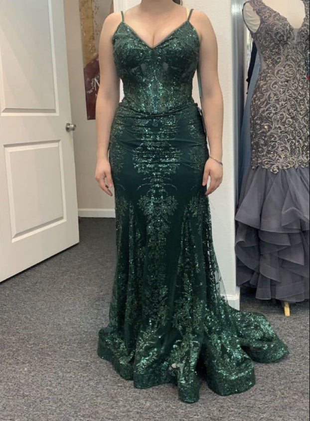 Green V Neck Lace Mermaid Long Formal Prom Dress Evening Dress, D198