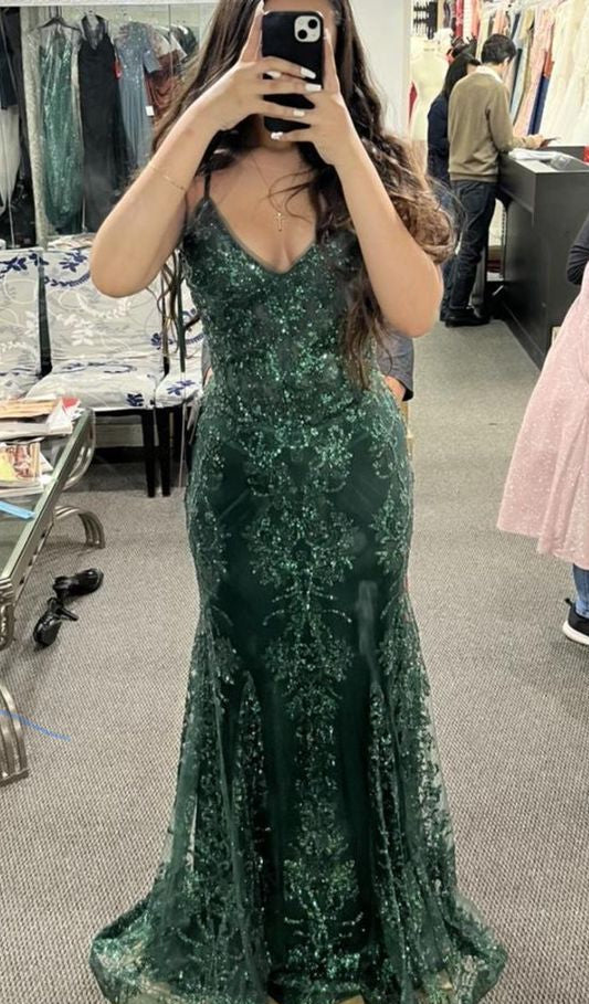Green V Neck Lace Mermaid Long Formal Prom Dress Evening Dress, D198