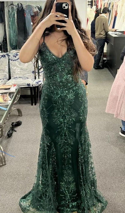 Green V Neck Lace Mermaid Long Formal Prom Dress Evening Dress, D198