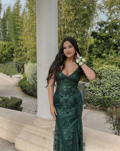 Green V Neck Lace Mermaid Long Formal Prom Dress Evening Dress, D198