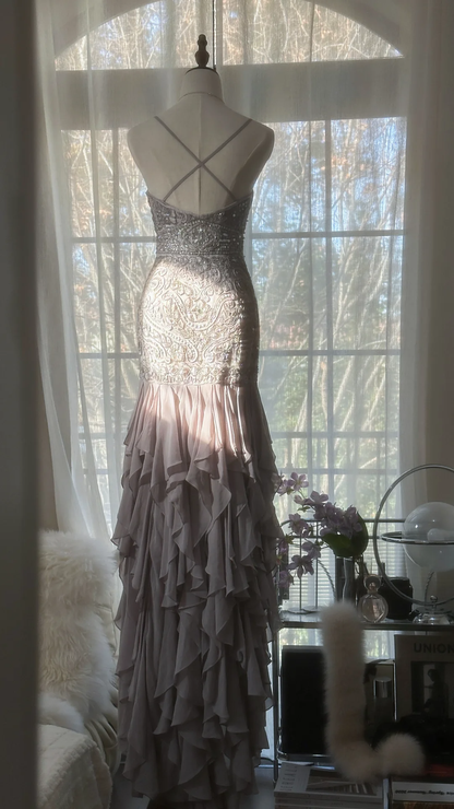 Light Lilac Straps Mermaid Beading Ruffles Long Evening Dress Birthday Outfits, D872