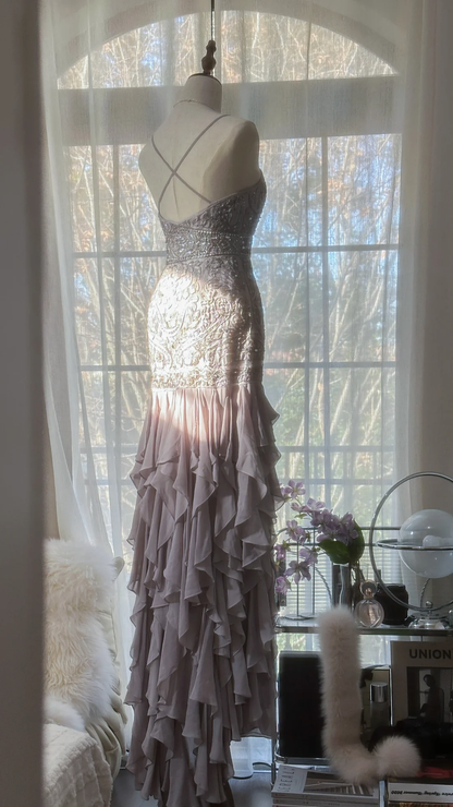 Light Lilac Straps Mermaid Beading Ruffles Long Evening Dress Birthday Outfits, D872