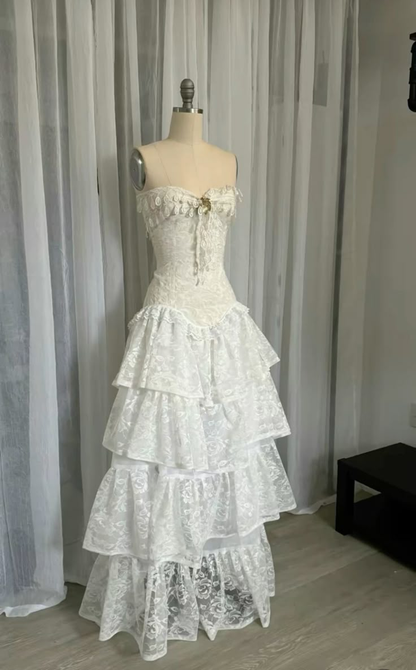 White Strapless A-Line Lace Long Party Dresses Vintage Wedding Dresses, D1208