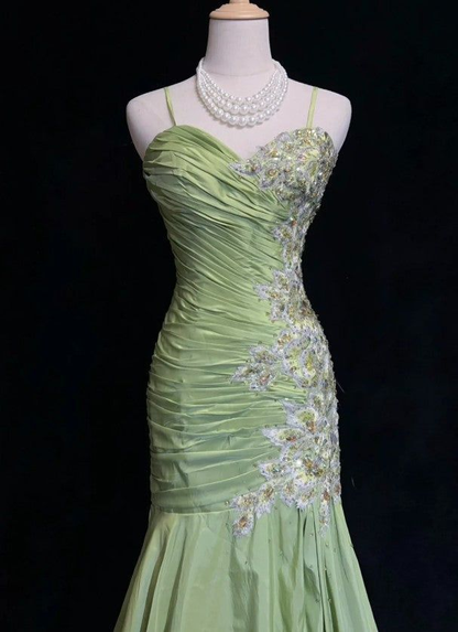 Green Spaghetti Straps Mermaid Vintage Long Evening Party Dresses, D1210
