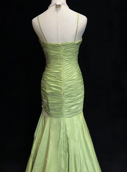 Green Spaghetti Straps Mermaid Vintage Long Evening Party Dresses, D1210