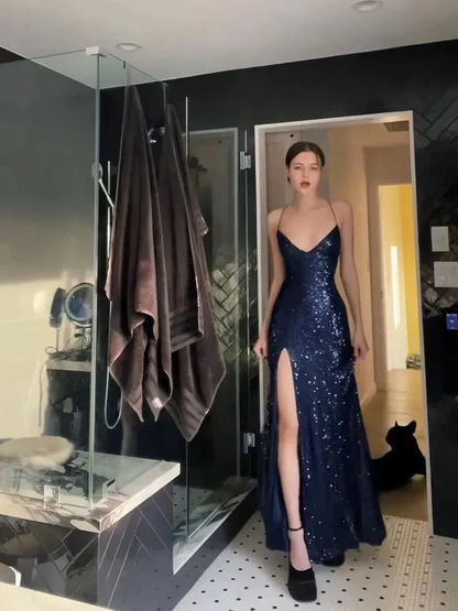 Navy Blue Straps Sequins Sheath Long Formal Party Dress with Split MD7372