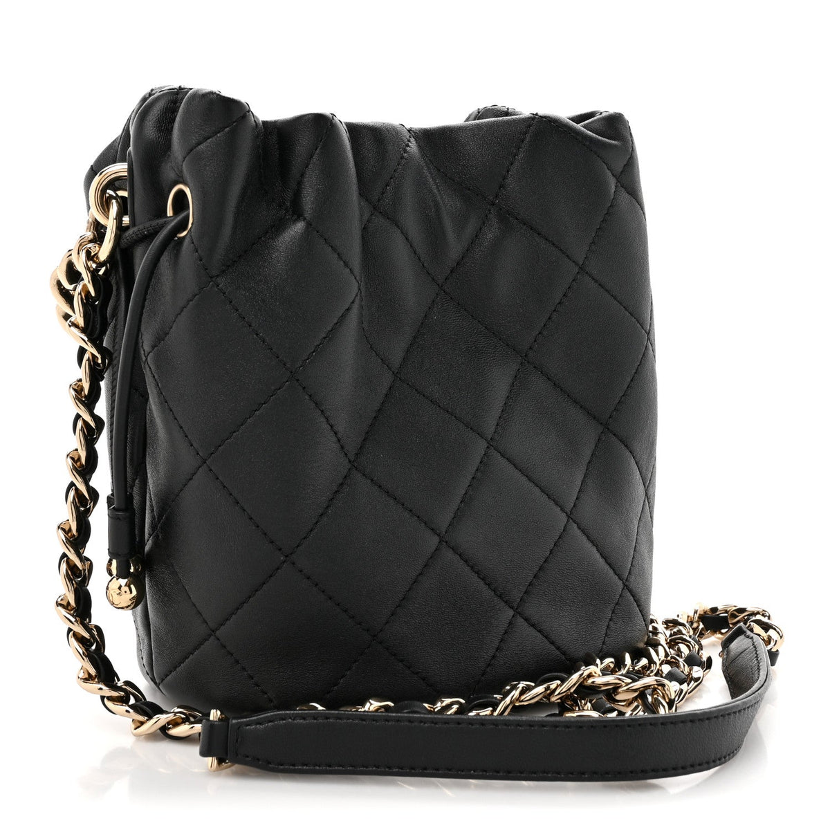 Lambskin Quilted Resin Bi-Color Chain Bucket Bag Black