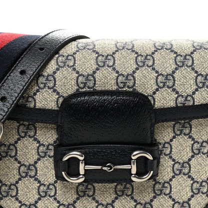 GG Supreme Monogram Textured Dollar Calfskin Web Mini Horsebit 1955 Shoulder Bag Beige Blue