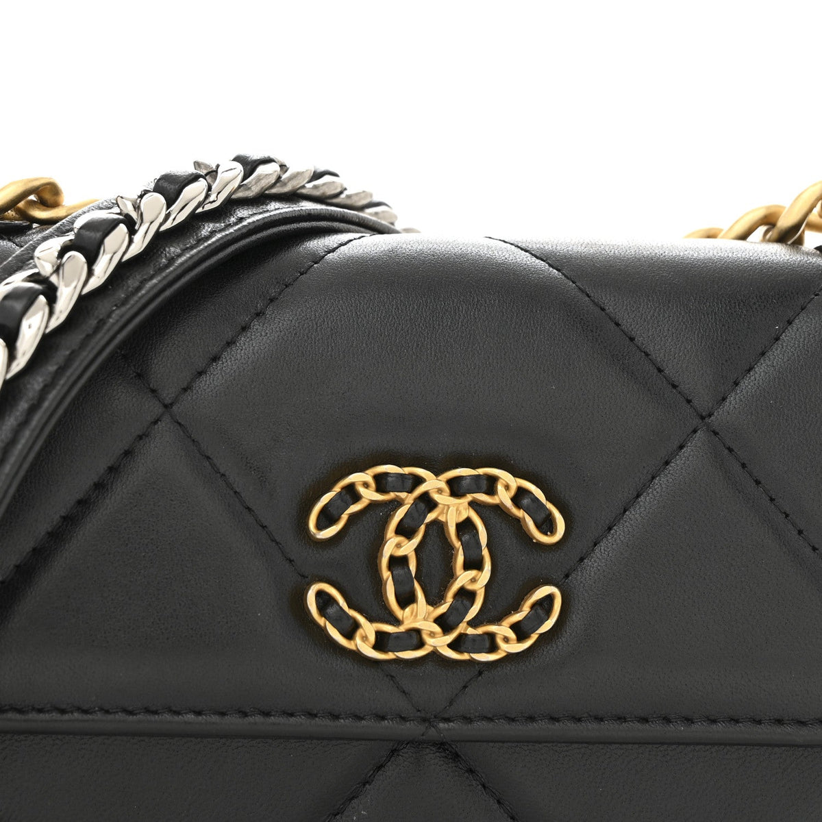 Lambskin Quilted Chanel 19 Flap Phone Holder With Chain Black