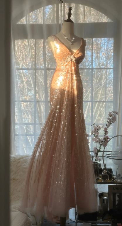 Vintage Champagne Sparkling Sequin Design Romantic Chiffon Evening Dress Prom Dress D1513