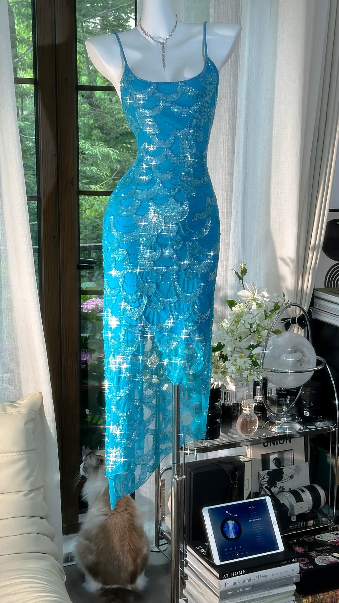 Vintage Blue Mermaid Sparkling Long Chiffon Spaghetti Strap Romantic Evening Dress Prom Dresses D1501