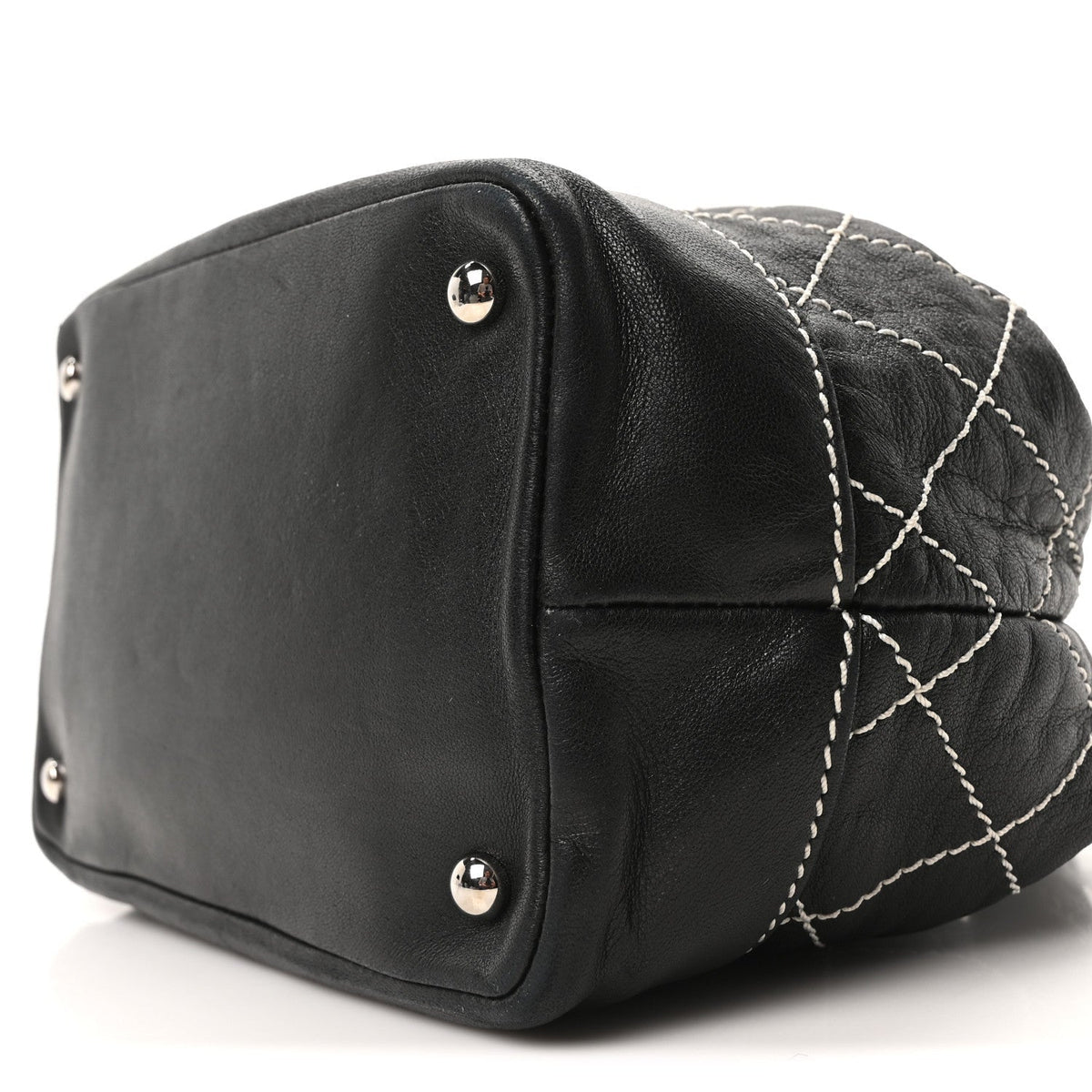 Calfskin Contrast Stitch Surpique Bucket Bag Black