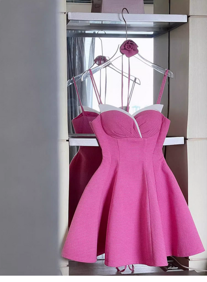 New Fashion Rose Pink Sweetheart Spaghetti Strap Design A-line Party Dresses Homecoming Dresses, D1392
