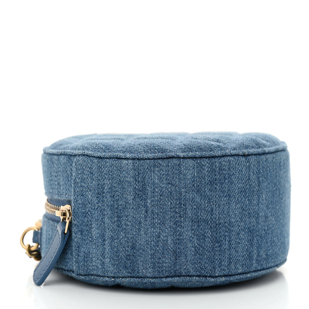Denim Quilted Round Pearl Crush Clutch With Chain Blue