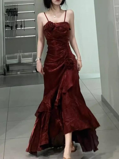 Burgundy Straps Sheath Satin Long Party Dress Birthday Outfit, D214