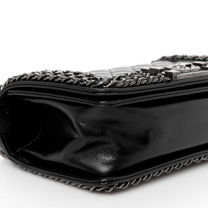 Glazed Calfskin Quilted Small Boy Chained Flap Black