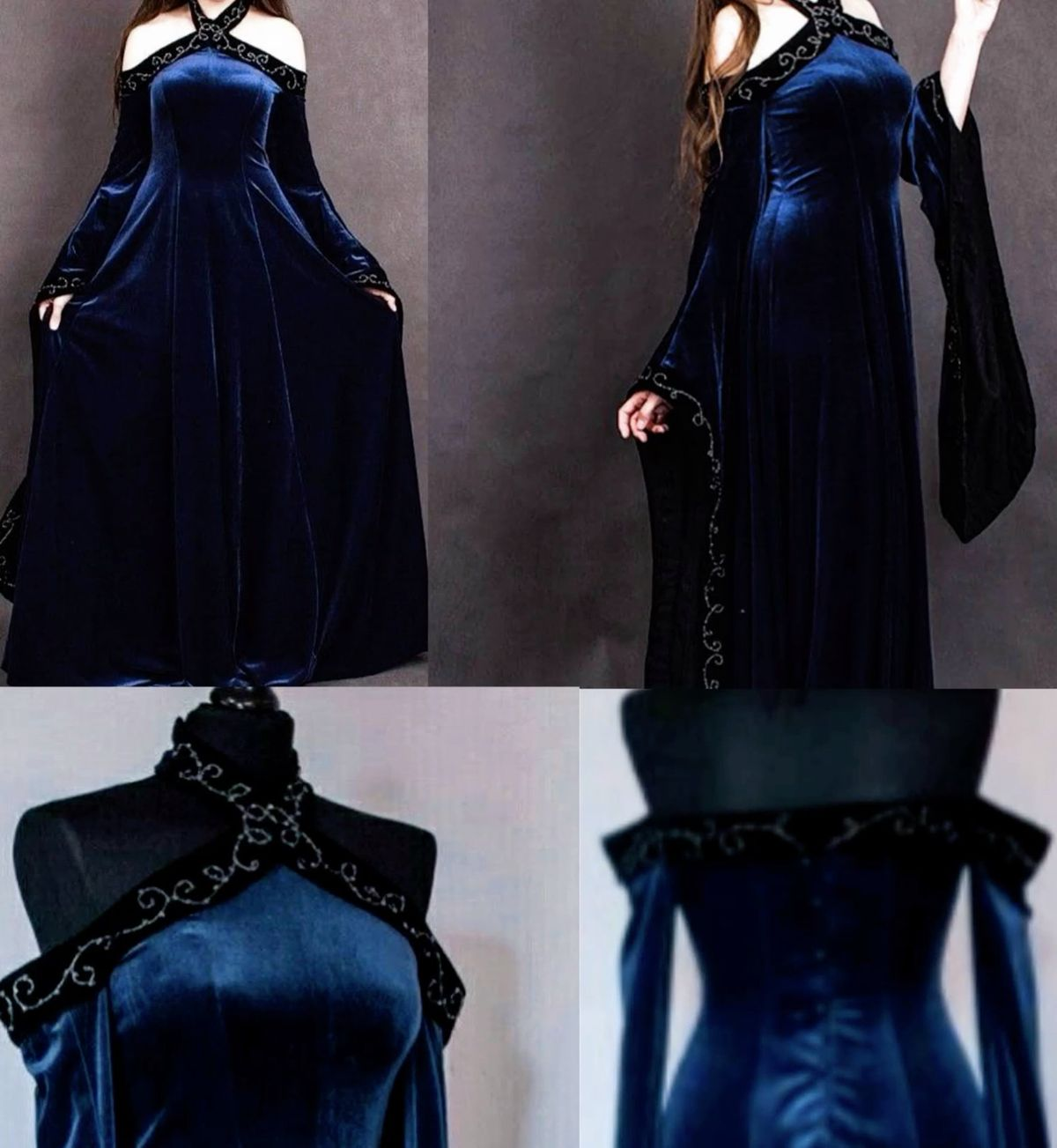 Vintage Dark Blue Halter Neck A-Line Velvet Long Formal Prom Dress Evening Dress, D828