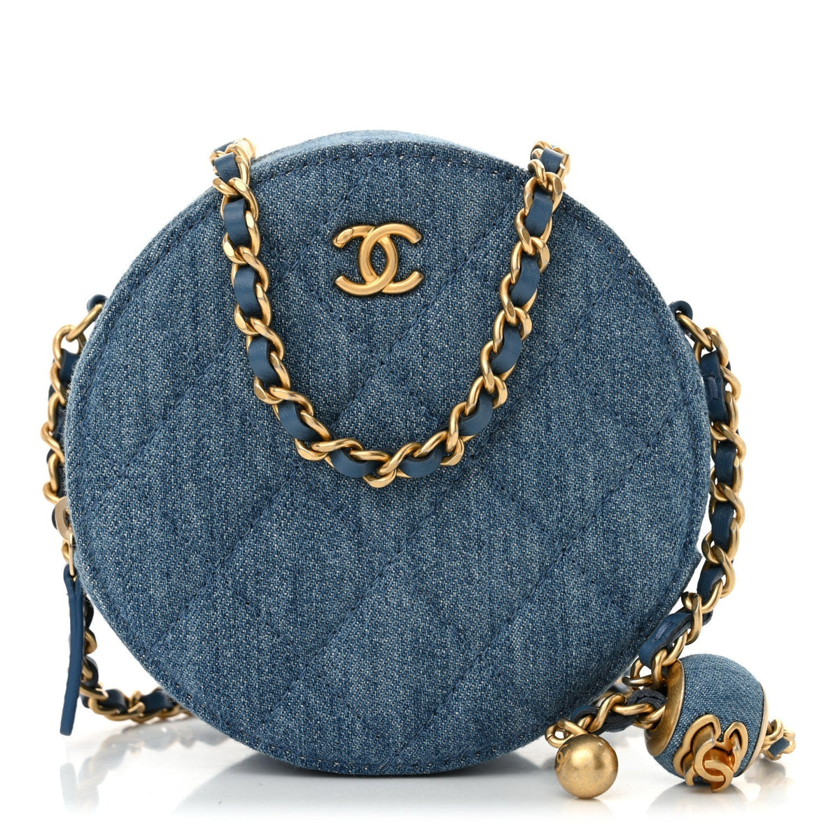 Denim Quilted Round Pearl Crush Clutch With Chain Blue