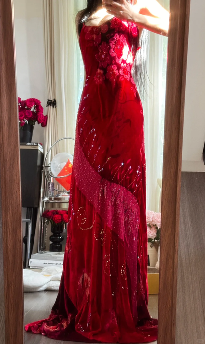Vintage Red Sparkling Sequin Spaghetti Strap Design Elegant Chiffon Evening Dress Prom Dresses D1490
