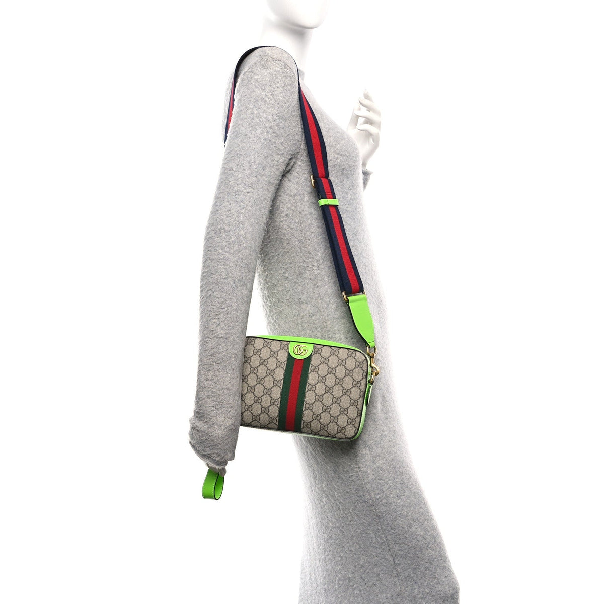 GG Supreme Monogram Textured Dollar Calfskin Web Ophidia Wristlet Shoulder Bag Beige Ebony Green