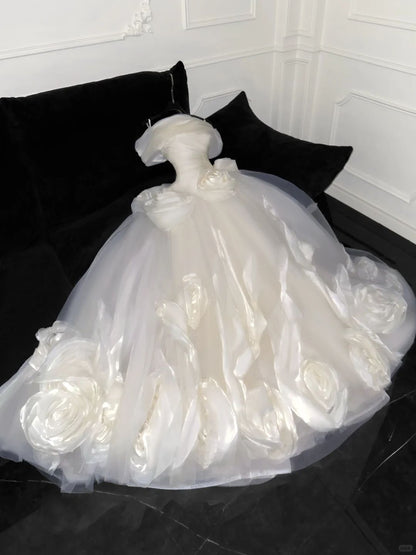 Elegant Spaghetti Strap A-Line Flower Tulle Long Prom Dress Wedding Dress Dress D6396