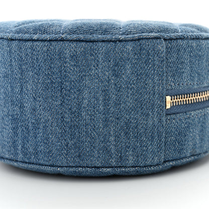 Denim Quilted Round Pearl Crush Clutch With Chain Blue