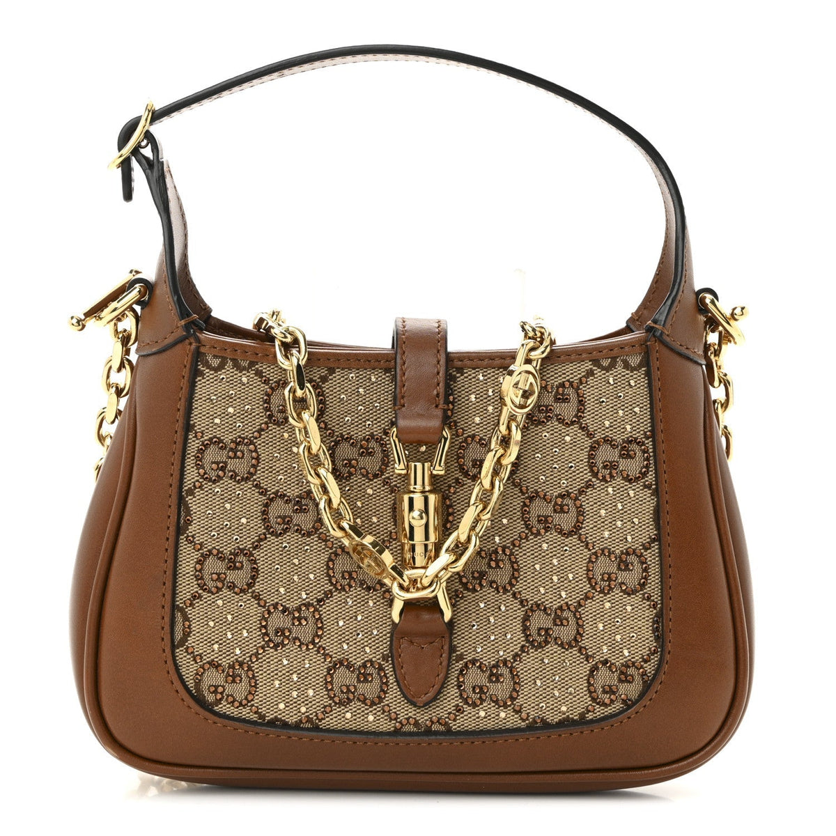 New Canvas Charisma Calfskin Crystal GG Monogram Mini Jackie 1961 Hobo Camel Ebony