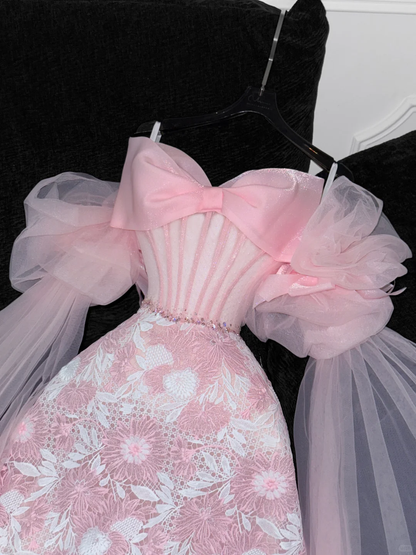 Vintage Pink Applique Bow Design A-Line Prom Dress Evening Dress D1688